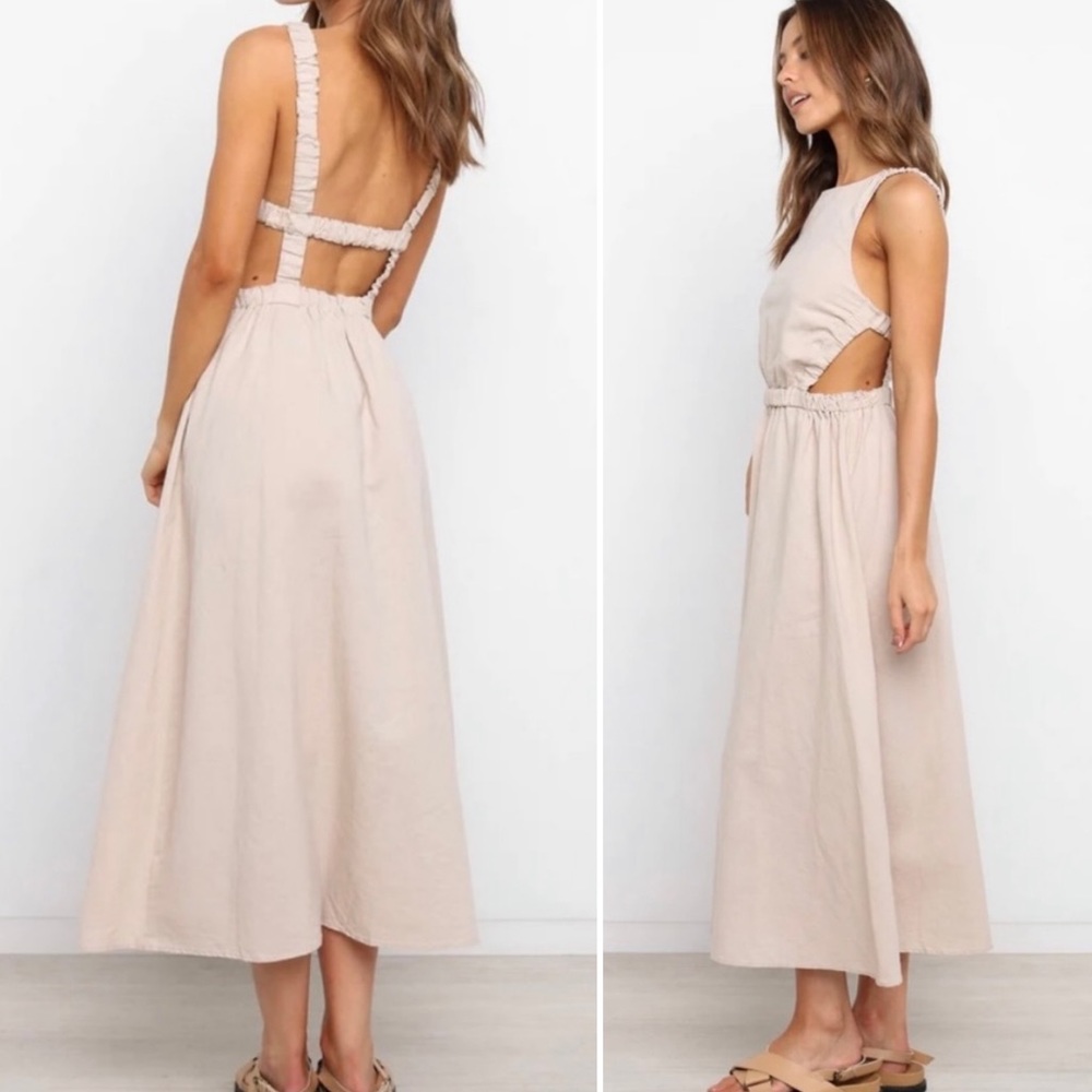 Petal + Pup • Taupe Esther Linen/Cotton A-line Open Back Midi Dress Size 2/XS